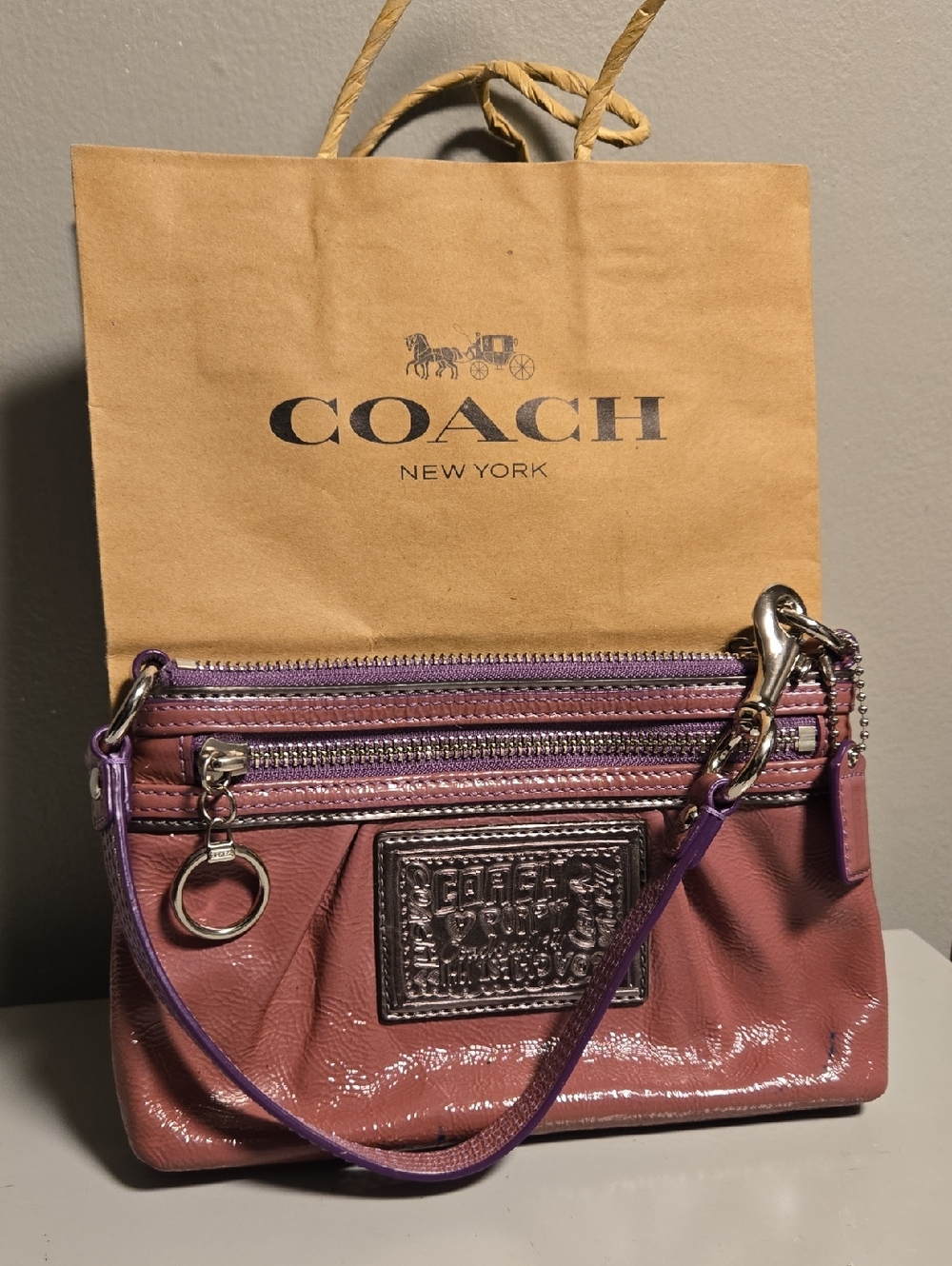 Coach Poppy Pink Wristlet with Purple Trim - Picture 2 of 12